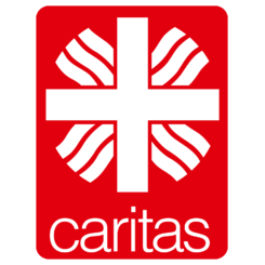 White cross with wavy lines on a red background above the word caritas in white lower-case letters.