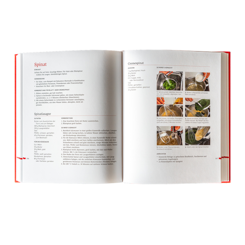 Open cookbook with a spinach recipe with instructions and step-by-step photos on the right.