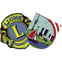 Lions International logo next to an illustration of a city skyline with a sailboat and water.