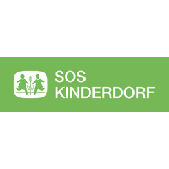 SOS Childrens Villages logo with two children holding a plant on a green background.