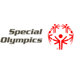 Special Olympics logo with text and red abstract figures forming a circle with raised arms.