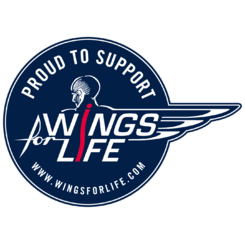 Circular Proud to Support Wings for Life logo with a stylized figure and a website URL.
